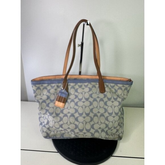 Coach Legacy Weekend Signature Jacquard Shopper Tote 23107 Blue Brown Leather - Picture 1 of 12